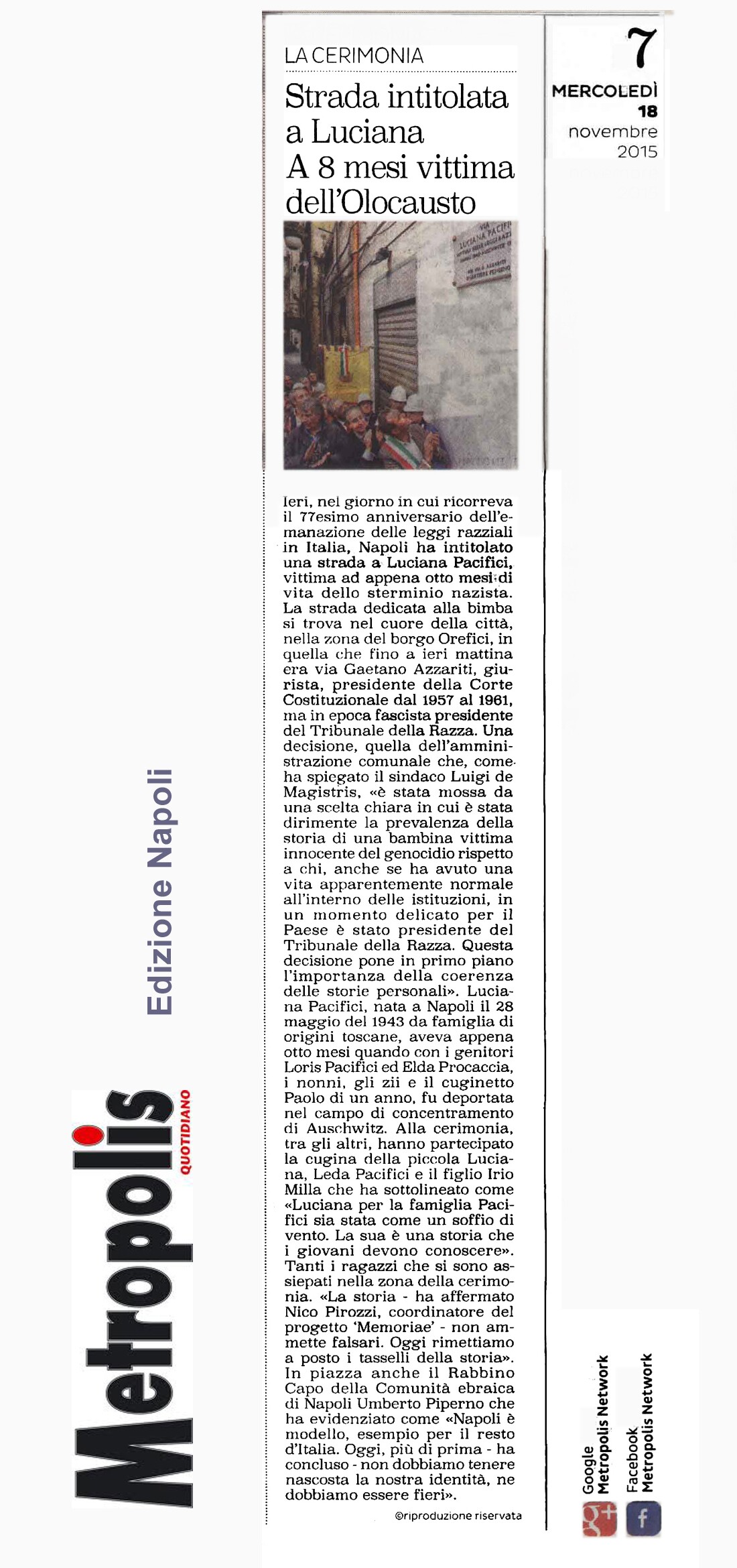 Ritaglio dell'articolo «strada intitola a Luciana a a 8 mesi vitta dell'Olocausto»